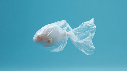 A plastic bag shaped with a fish, floating in the ocean. 