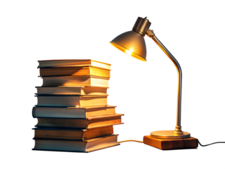 A stack of old books is illuminated by a vintage desk lamp creating an atmosphere of focused study and intellectual pursuit isolated on