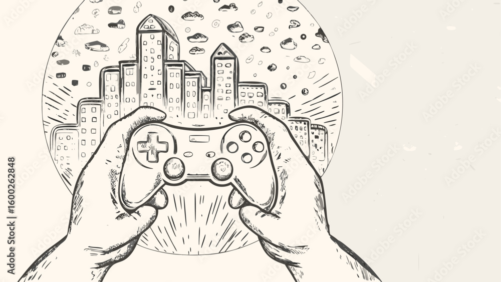 Poster hands holding a game controller with city skyline and clouds in background in black and white style 