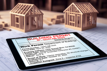 BUILDING PERMIT ABOUT CONSTRUCTION OF WOODEN HOUSES - Lumber industry for residential building construction - Real Estate concept with wooden home model