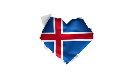 Heart shaped hole torn through paper showing satin texture of flag of Iceland, isolated on white bac