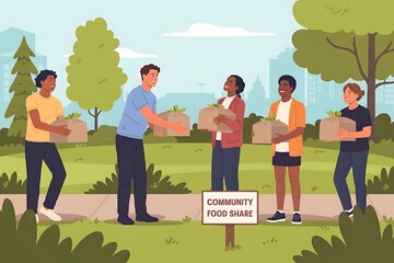 Diverse group happily participates in community food share event, spreading kindness and support outdoors