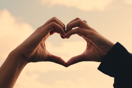 Warm glow frames hands forming a loving heart shape against a soft, cloudy sky, conveying deep affection and connection.