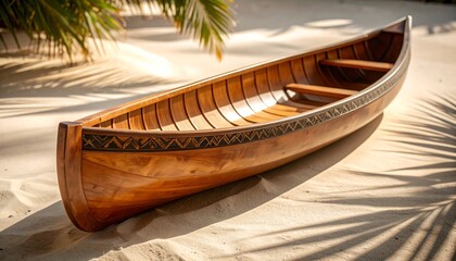 Obraz premium Wooden Canoe on Sandy Beach with Palm Tree Shadows
