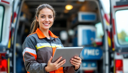 Friendly female paramedic stands confidently by open ambulance, holding tablet