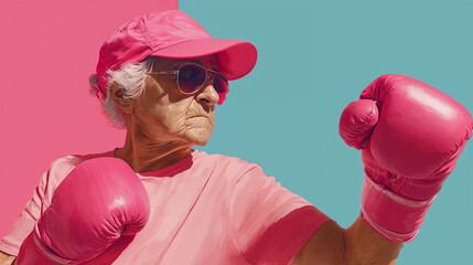 Senior woman wearing pink boxing gloves and showing fighting spirit