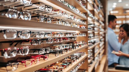 counter with hundreds of glasses in an optician's