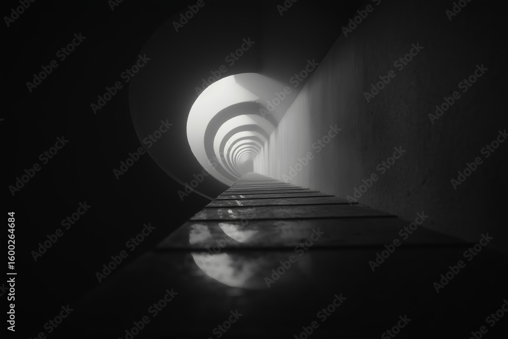 Poster perspective view of a circular tunnel featuring reflective surfaces and contrasting shadows