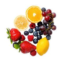 Colorful arrangement of fresh fruits.  Top-down view of assorted citrus and berries