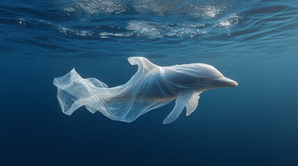 A plastic bag shaped with a dolphin, floating in the ocean.