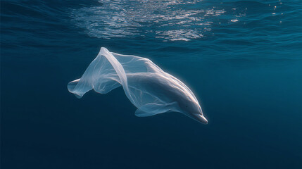 A plastic bag shaped with a dolphin, floating in the ocean.