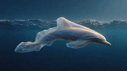 A plastic bag shaped with a dolphin, floating in the ocean.