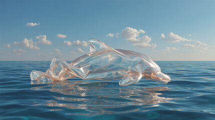 A plastic bag shaped with a dolphin, floating in the ocean.