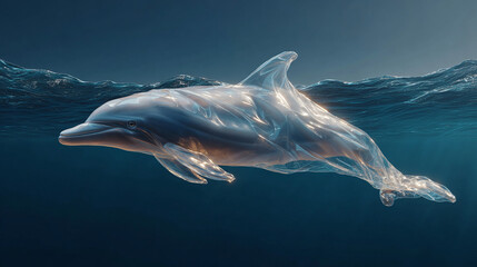A plastic bag shaped with a dolphin, floating in the ocean.