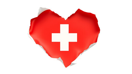 Heart shaped hole torn through paper showing satin texture of flag of Switzerland, isolated on white