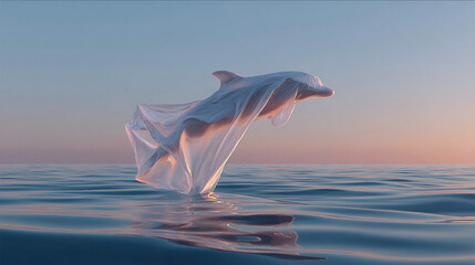 A plastic bag shaped with a dolphin, floating in the ocean.