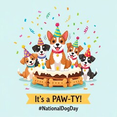 Happy Paw-ty Celebration with Cute Dogs Wearing Party Hats and Birthday Cake