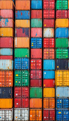 Fototapeta premium Symmetrical wall of colorful shipping containers in vivid industrial tones 