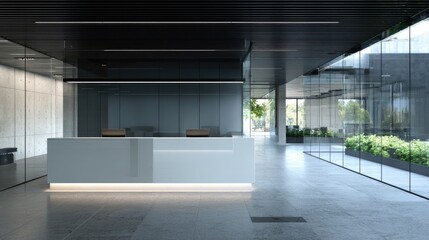 Obraz premium Modern office reception area with neutral color scheme.