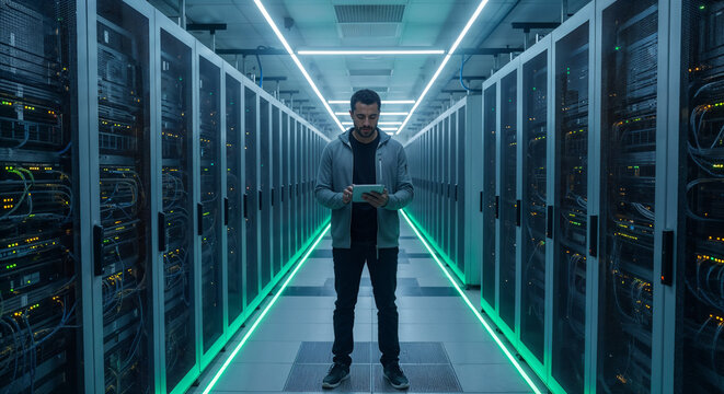 It technician using tablet and monitoring network servers in data center
