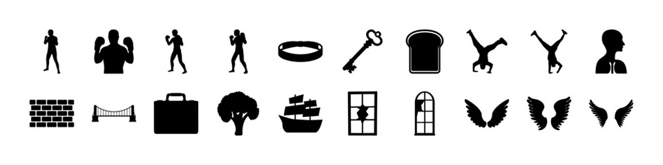 Silhouette Icon Set – Boxing, Objects, Architecture, Nature, and Symbols - A versatile and modern collection of black silhouette icons featuring a wide range of subjects, including boxing stances