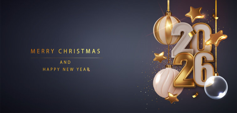 Happy new year 2026. Festive design with Christmas decorations, balls, streamers and garlands