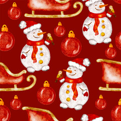 Christmas snowmen, ornaments, and sleds on a red background, seamless pattern.