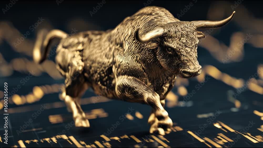 Poster dynamic image of a bull running on a circuit symbolizing the bull market in cryptocurrency and finan