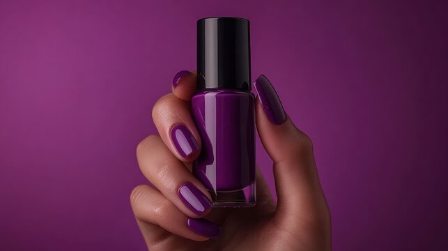 Hand holds a purple nail polish bottle