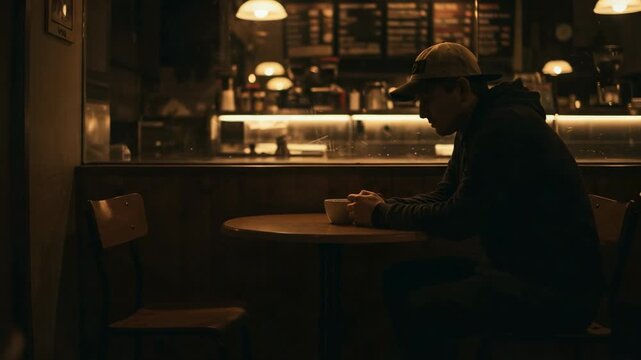 Pensive young man sitting alone in a dark coffee shop. Moody atmospheric scene of solitude and contemplation.