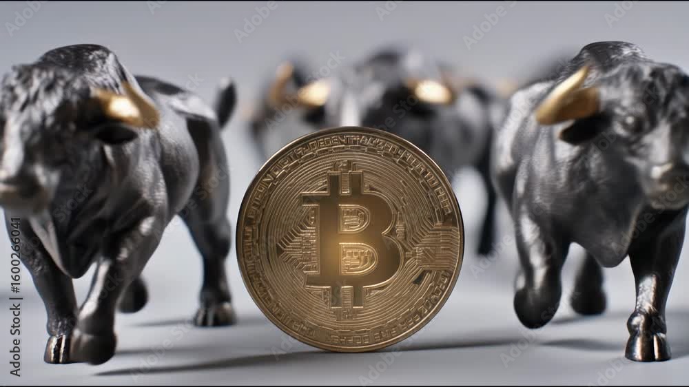 Poster dynamic image of a bull running on a circuit symbolizing the bull market in cryptocurrency and finan