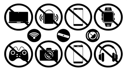 A minimalist poster of ten prohibition symbols against digital disruptions. The black silhouette icons include mobile devices, VR headsets, smartwatches, and digital assistants. Each is crossed out wi