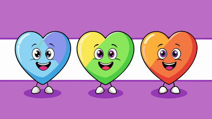 Obraz premium Cheerful smiley multicolor candy hearts character cartoon in purple white background. 