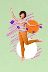 Creative banner collage of young girl have fun jumping on green color background