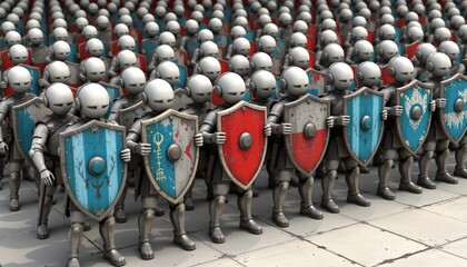 Obraz premium Steel robot soldiers with battle helmets and shields standing in formation on tiled surface, futuristic armored warriors prepared for combat or defense scenario