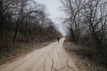 Two individuals walk down a narrow rustic path surrounded by bare winter trees, enjoying the...