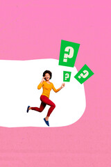 Collage of woman man person with question marks floating around symbolizing doubt decision making...