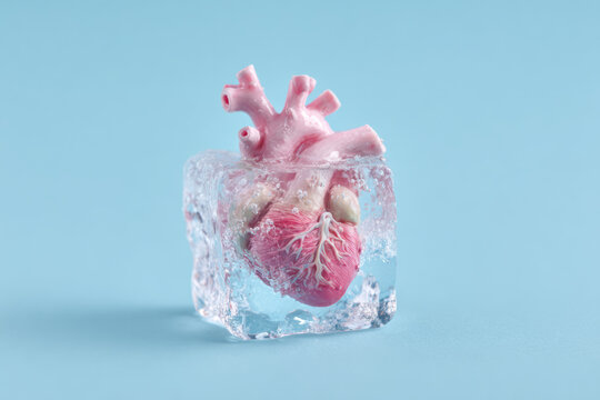 Cryogenic concept with human heart inside ice cube. Ai generative art
