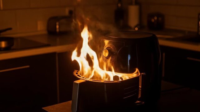 Air Fryer Fire in Kitchen - A black air fryer is engulfed in flames on a kitchen counter. The fire is bright orange and yellow, casting a warm glow on the surrounding dark countertop and cabinetry.