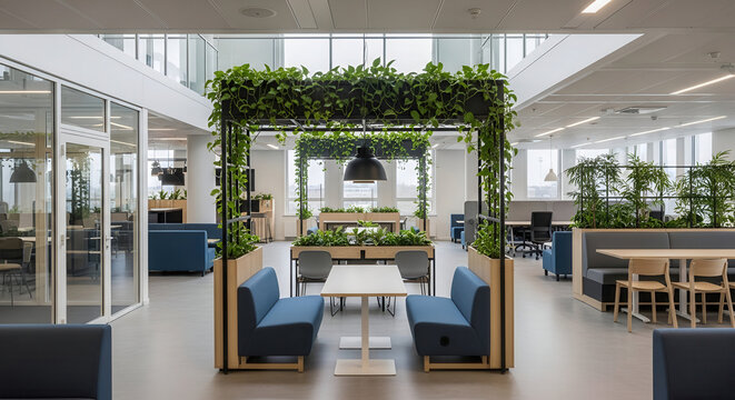 A contemporary biophilic office design featuring a vibrant greenspace, promoting wellness and collaboration in a modern corporate workplace interior with natural light.