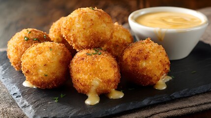 Golden brown fried cheese balls with melted cheese oozing out served with dipping sauce on slate crispy