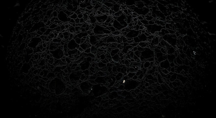 A dark and abstract image showing a porous material with a complex network of interconnected cells