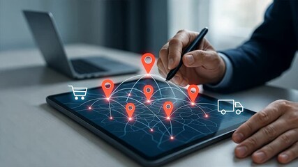 A holding a pen and pointing on a tablet displaying a glowing map with red pins and icons, focus on digital logistics and supply chain management, freight and logistics - Powered by Adobe