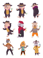 Cats and dogs detective character investigating and search for evidence