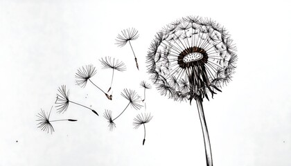 Detailed grayscale drawing of a dandelion releasing seeds