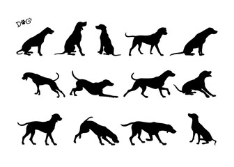 Collection of black dog silhouettes in various poses including sitting, standing, walking, running, and playing on a white background. Simple and versatile for design or educational use.