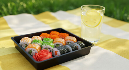 Enjoying colorful sushi and refreshing lemonade on a picnic blanket in a sunny park