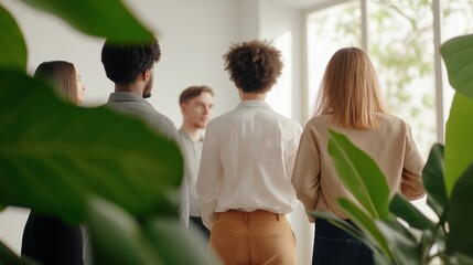 Fototapeta premium Diverse office employees at teambuilding image. Group of young businesspeople in board room photography scene photorealistic. Team brainstorming process concept photo realistic