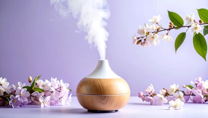 Aroma Diffuser Releasing Steam with Floral Accents on Pastel Background