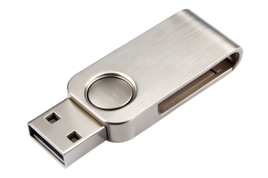 A sleek silver metallic usb flash drive with a swivel cap is positioned diagonally against a clean transparent background